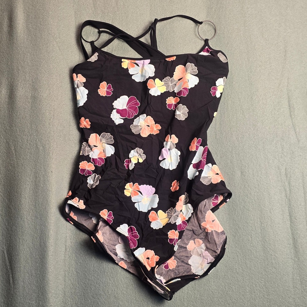 Calvin Klein Floral One Piece Swimsuit Black Strappy Back Size‎ 16 NWT